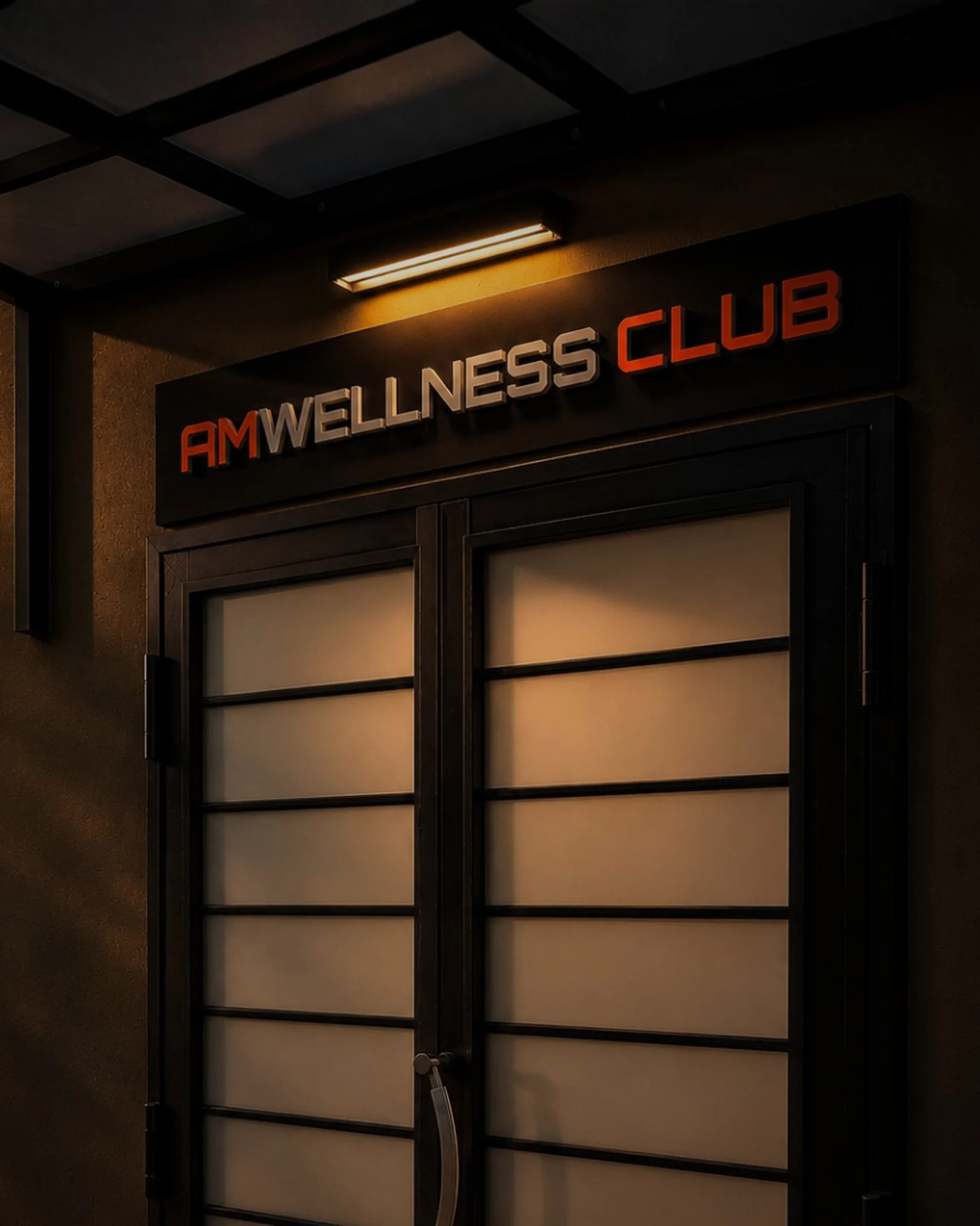 Ingresso di AMW Wellness Club a Portici con insegna luminosa AMWellness Club
